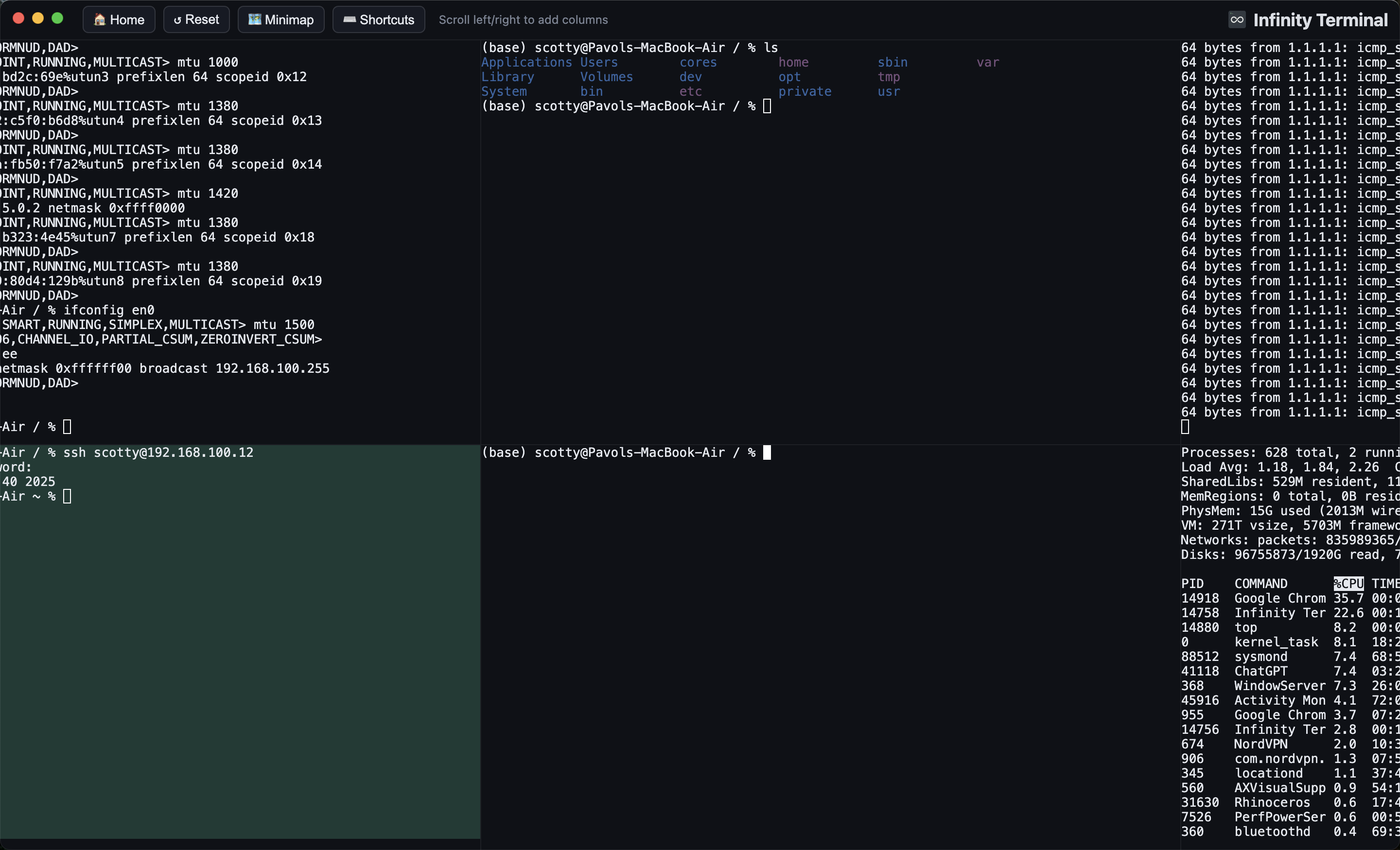 Infinity Terminal in action with multiple columns and SSH-aware background colors