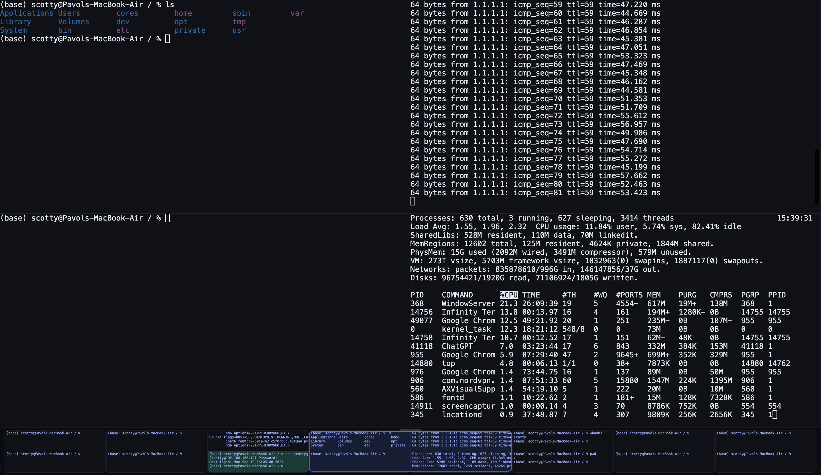 Infinity Terminal interface preview showing two-row terminal layout with command prompts and SSH connections